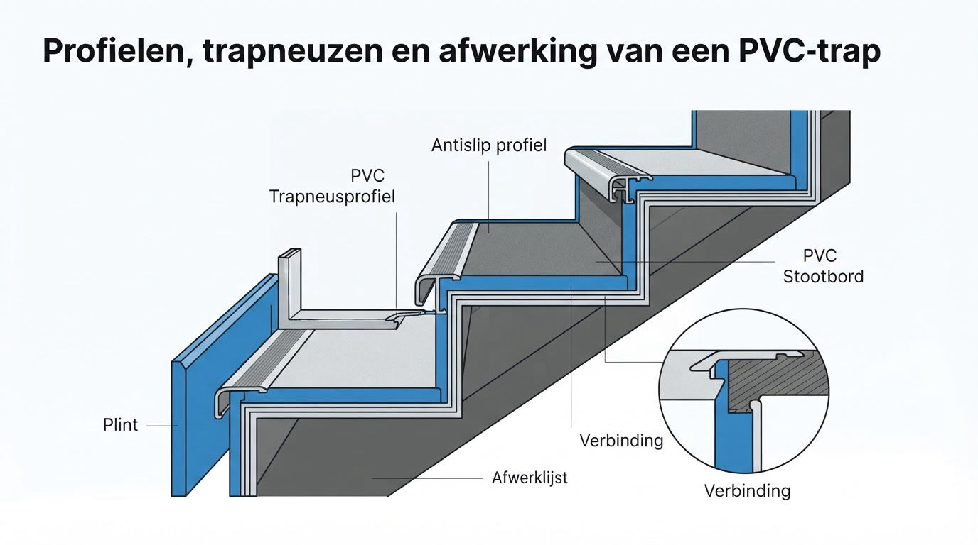 Profielen, trapneuzen en afwerking van een PVC-trap